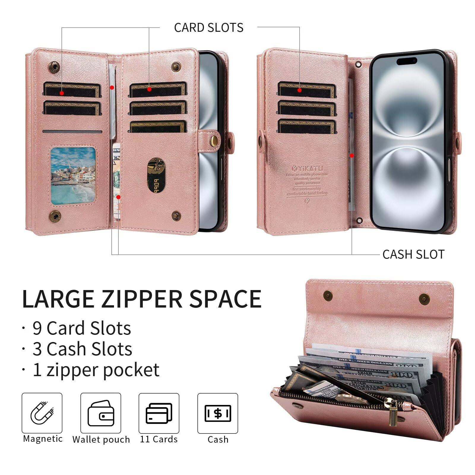 CARD SLOTS  
CASH SLOT  
LARGE ZIPPER SPACE  

- 9 Card Slots  
- 3 Cash Slots  
- 1 zipper pocket  

Magnetic  
Wallet pouch  
11 Cards  
Cash