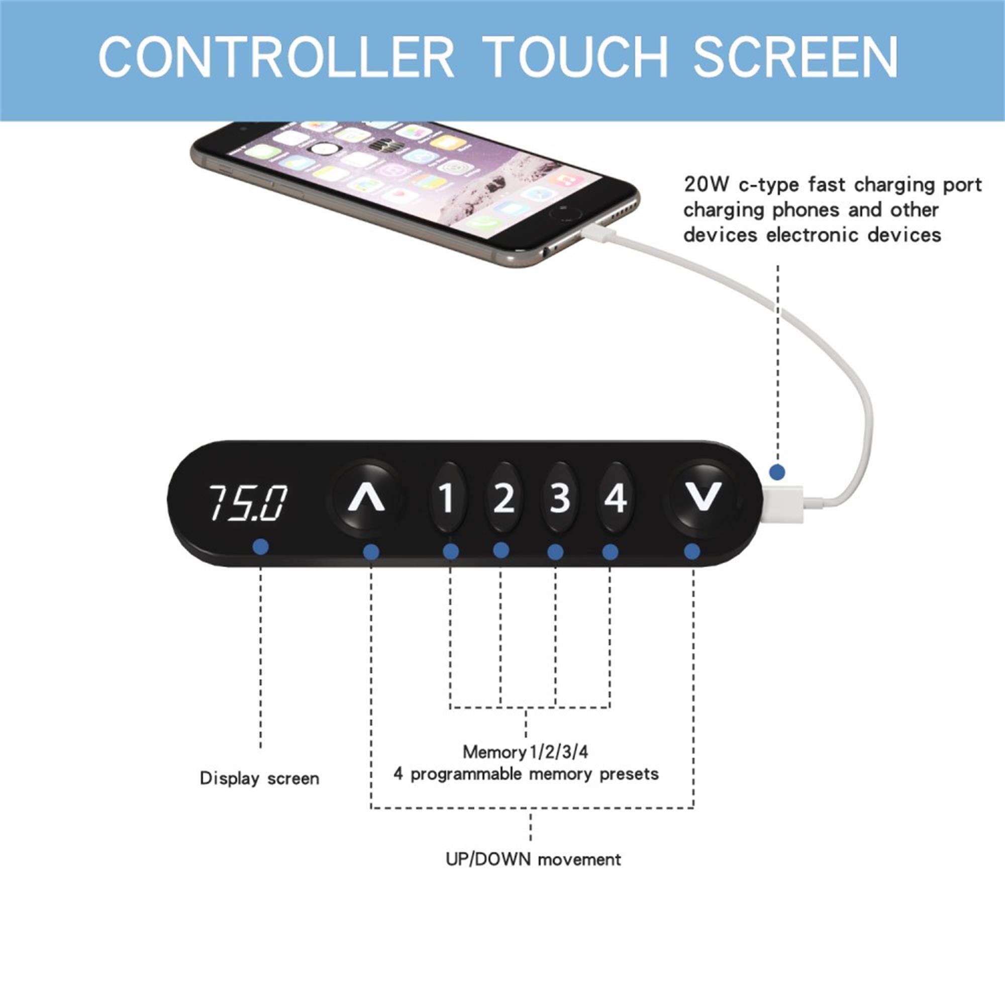 CONTROLLER TOUCH SCREEN

20W c-type fast charging port charging phones and other devices electronic devices

15.0

1
2
3
4
V

Display screen

Memory 1/2/3/4 4 programmable memory presets

UP/DOWN movement