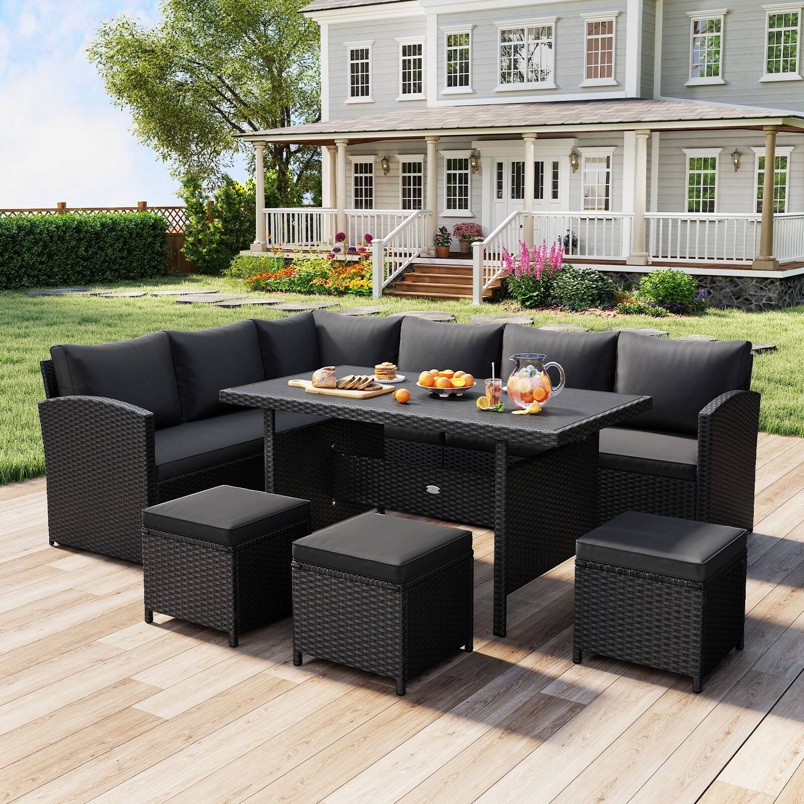Costway - 7PCS Rattan Patio Furniture Set, Outdoor Wicker Sectional Sofa with Plush Cushions - Mix Black+Black