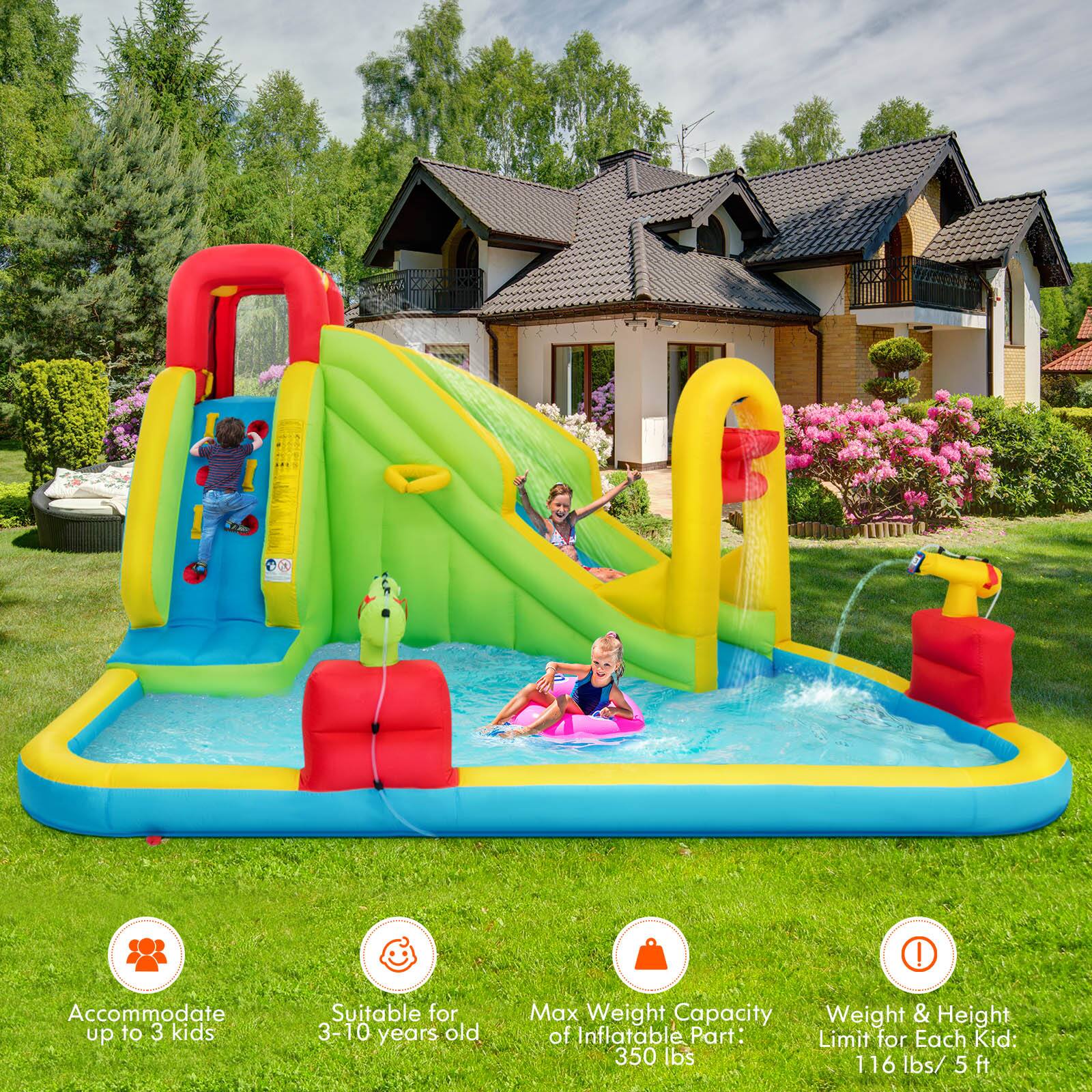 Accommodate up to 3 kids  
Suitable for 3-10 years old  
Max Weight Capacity of Inflatable Part: 350 lbs  
Weight & Height Limit for Each Kid: 116 lbs/ 5 ft