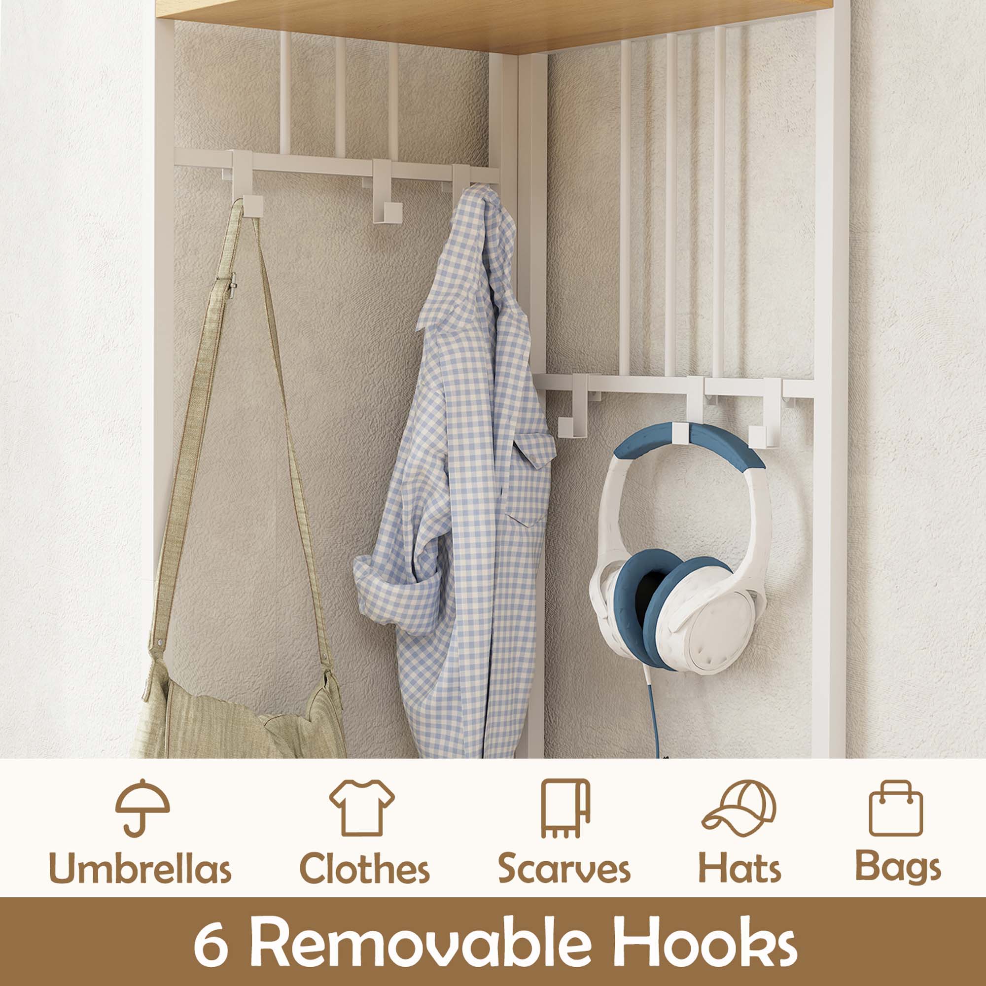 Umbrellas, Clothes, Scarves, Hats, Bags, 6 Removable Hooks