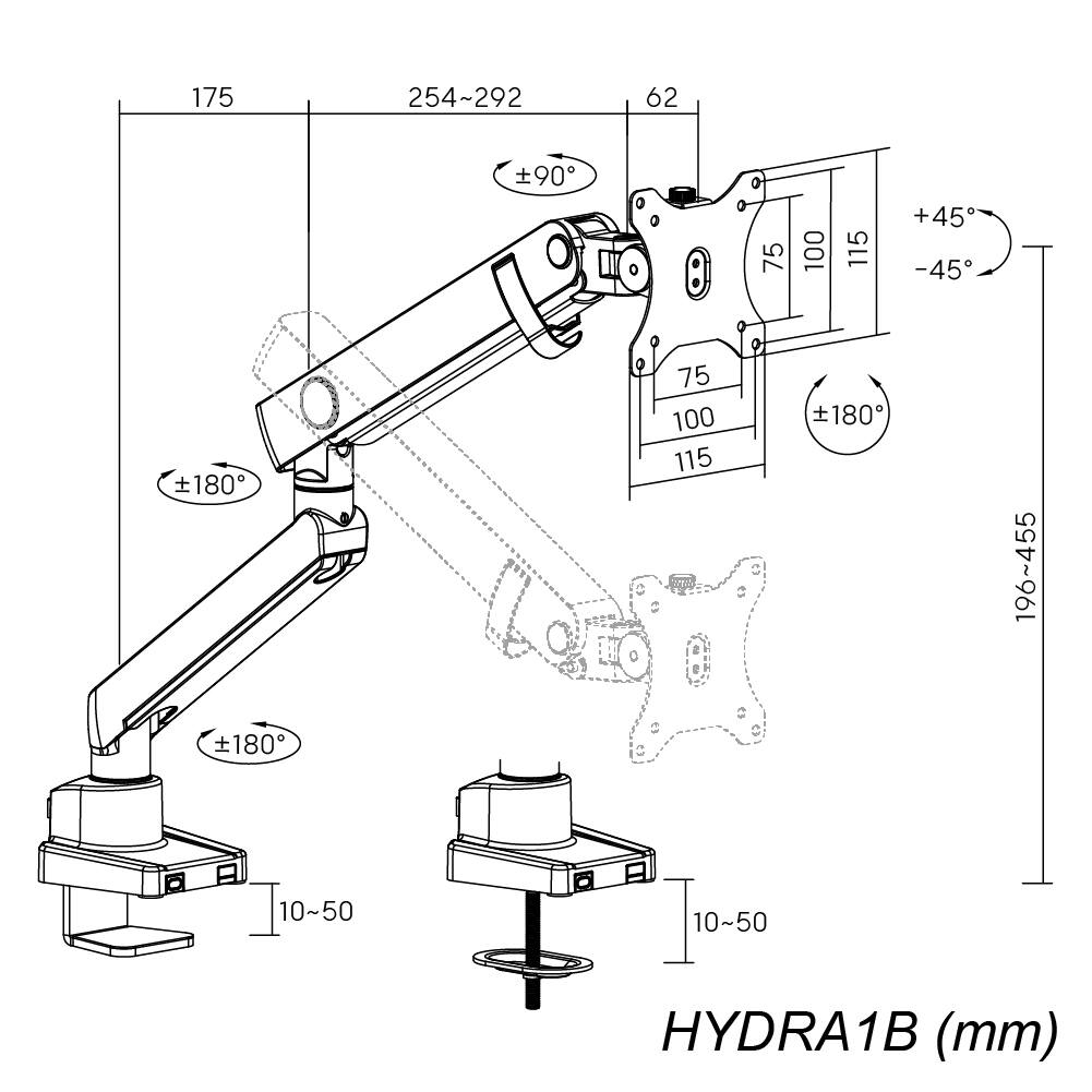 HYDRA1B (mm)

175  
254~292  
62  
±90°  
75  
100  
115  
±180°  
180  
196~455  
10~50  
+45°  
-45°