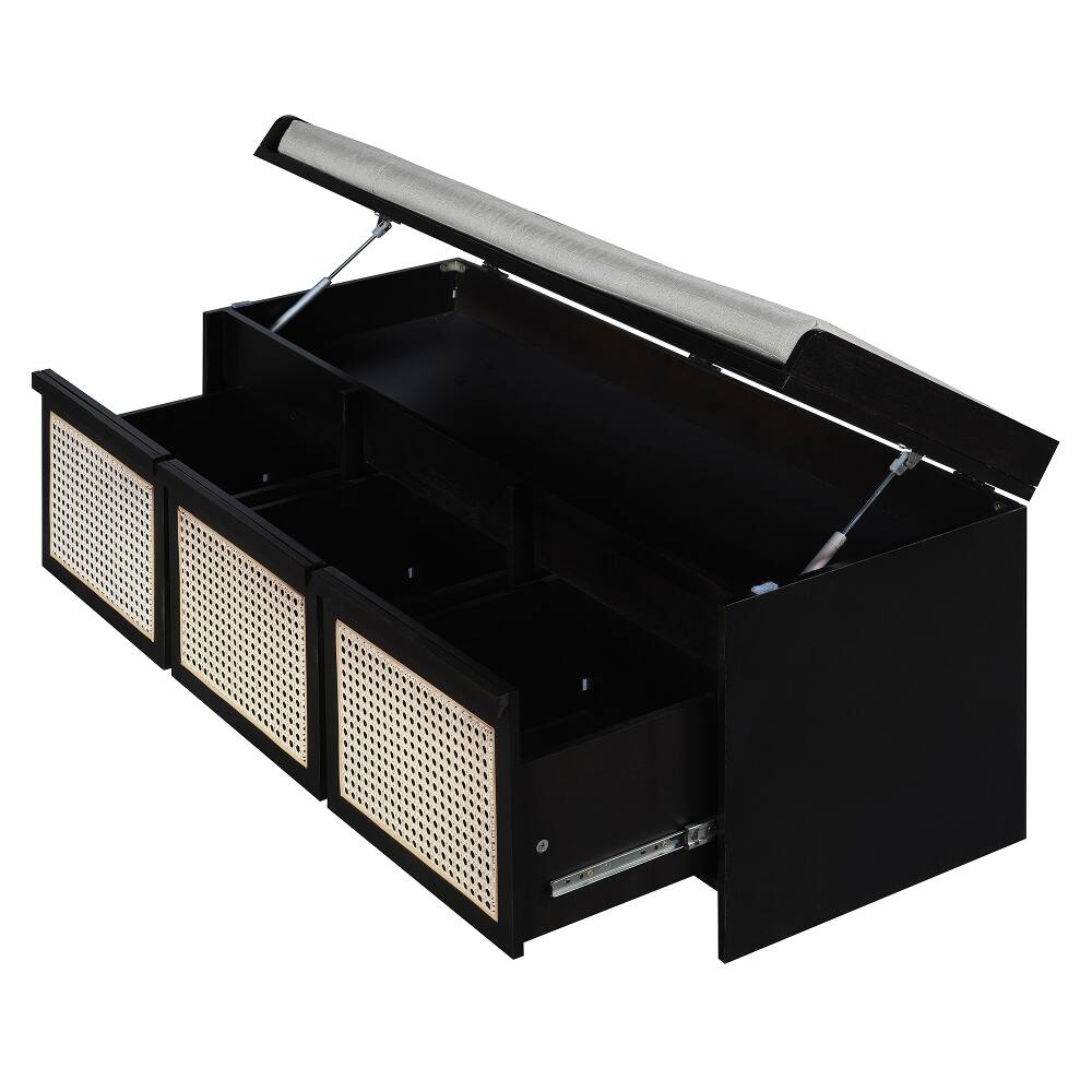 Alt View 10. Ropilly - Ropilly 48 Inch Black Entryway Shoe Bench with Rattan Drawers, Retro Storage Bench for Hallway - Black.
