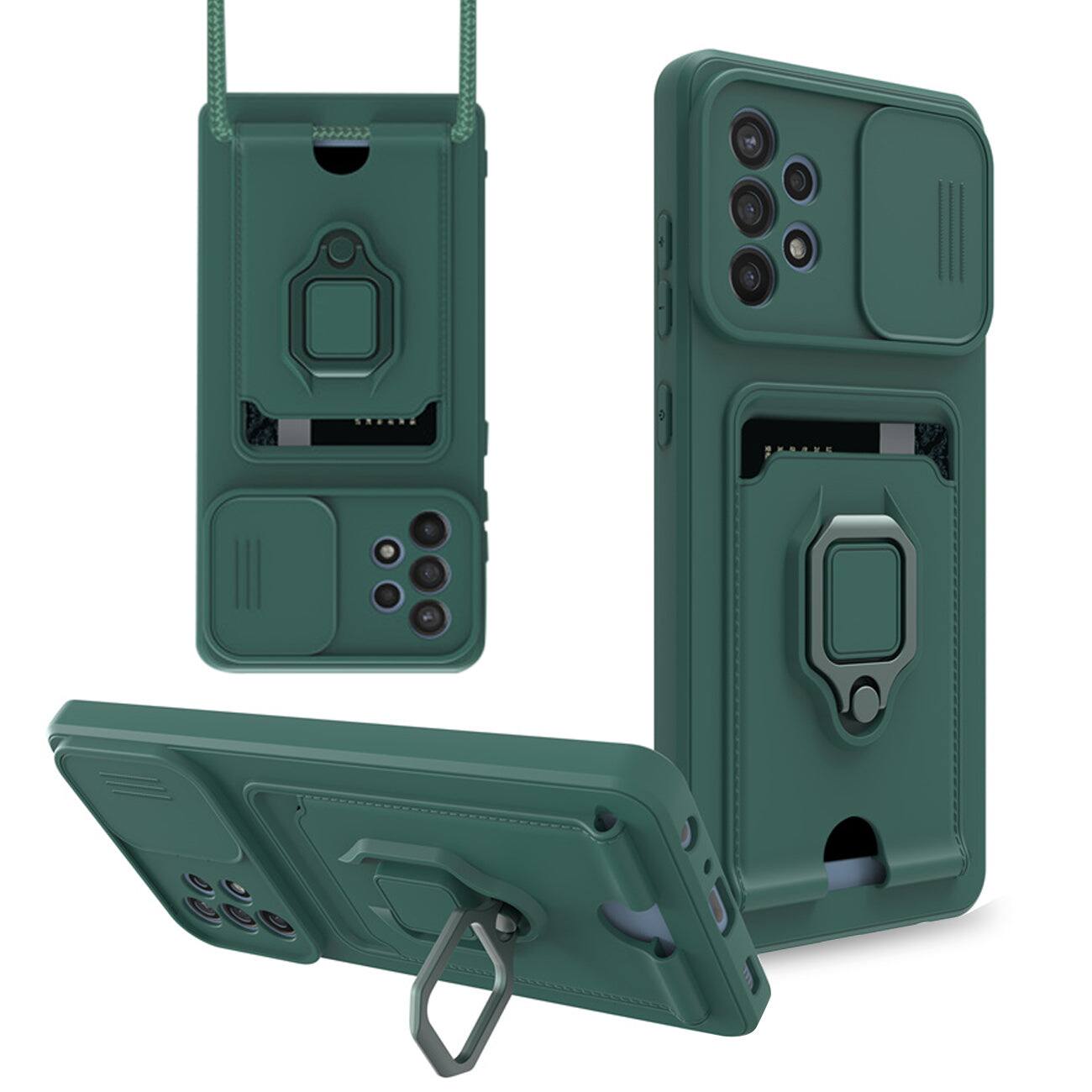 Front. Reiko - High Quality Samsung 32 5G Case Green With Camera Cover, Kickstand, Slide Lens Protection, Magnetic Ring & Card Holder - Green.