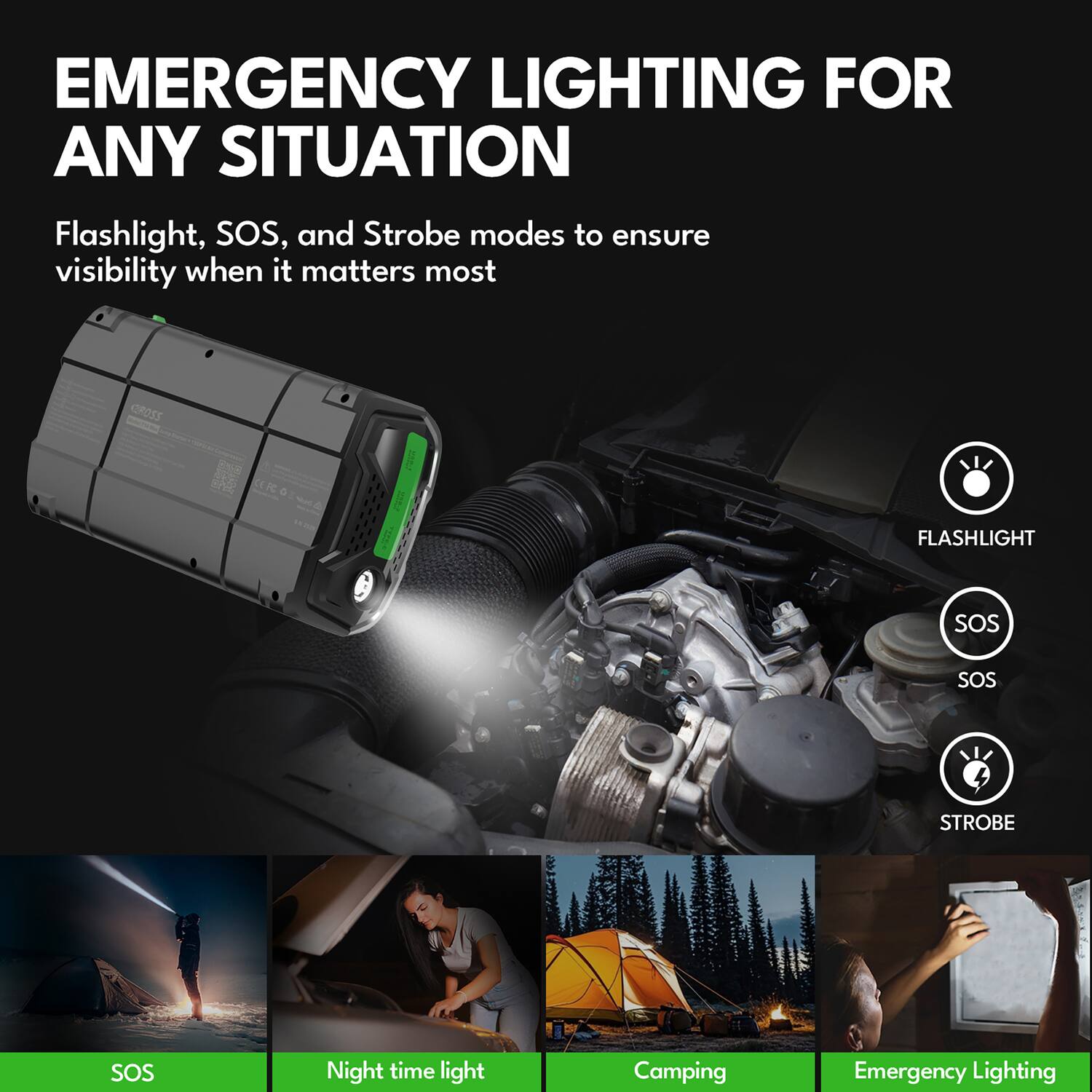 EMERGENCY LIGHTING FOR ANY SITUATION

Flashlight, SOS, and Strobe modes to ensure visibility when it matters most

CROSS C a - FLASHLIGHT SOS SOS STROBE SOS

Night time light Camping Emergency Lighting