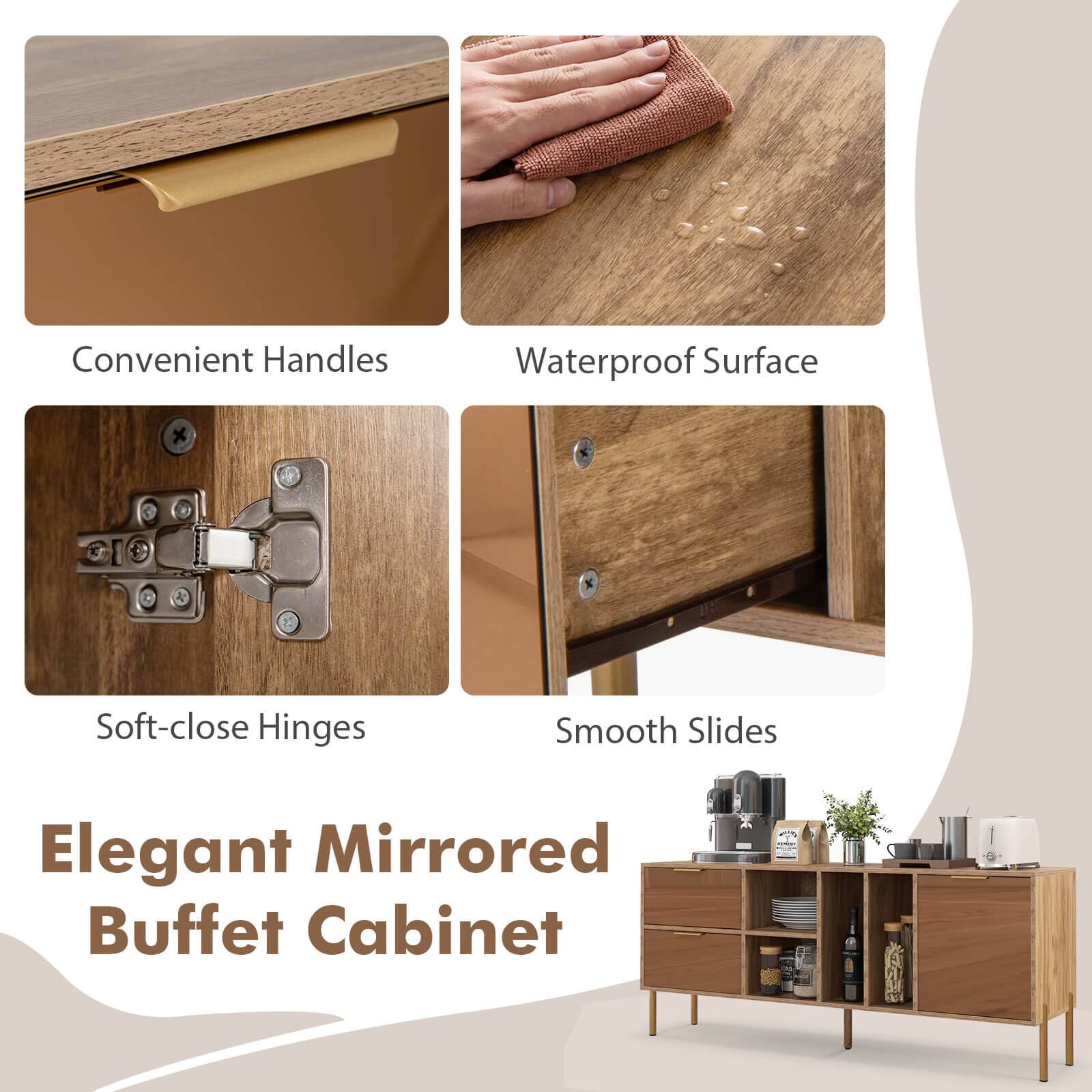 Convenient Handles, Waterproof Surface, Soft-close Hinges, Smooth Slides, Elegant Mirrored Buffet Cabinet.