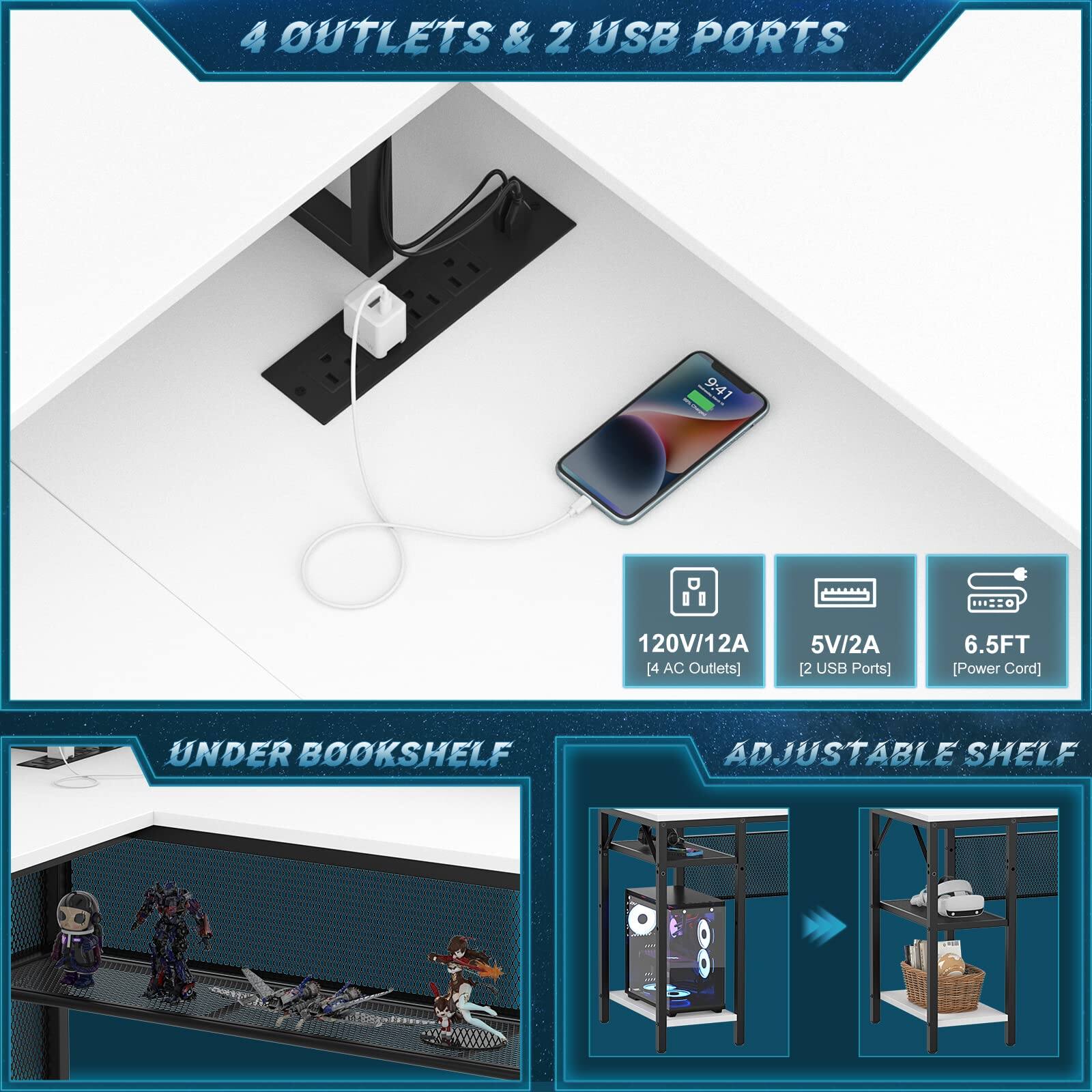4 OUTLETS & 2 USB PORTS

9:41

120V/12A [4 AC Outlets]  
5V/2A [2 USB Ports]  
6.5FT [Power Cord]

UNDER BOOKSHELF

ADJUSTABLE SHELF