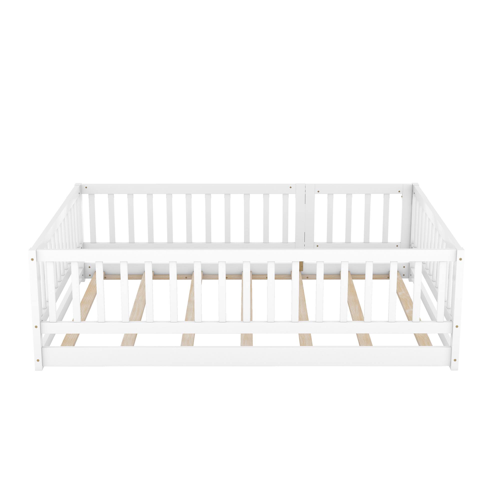Alt View 4. GOODSILO - Full Size Montessori Floor Bed with Fence & Door - Low Profile Wood Bed Frame for Kids, Toddlers, Boys & Girls - White.