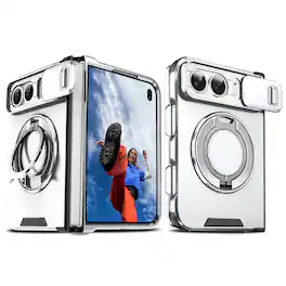 Dteck - Case for iPhone Duo Shockproof Rugged Magnetic 360 Ring Stand Kickstand Cover with Sliding Lens Cover - Silver