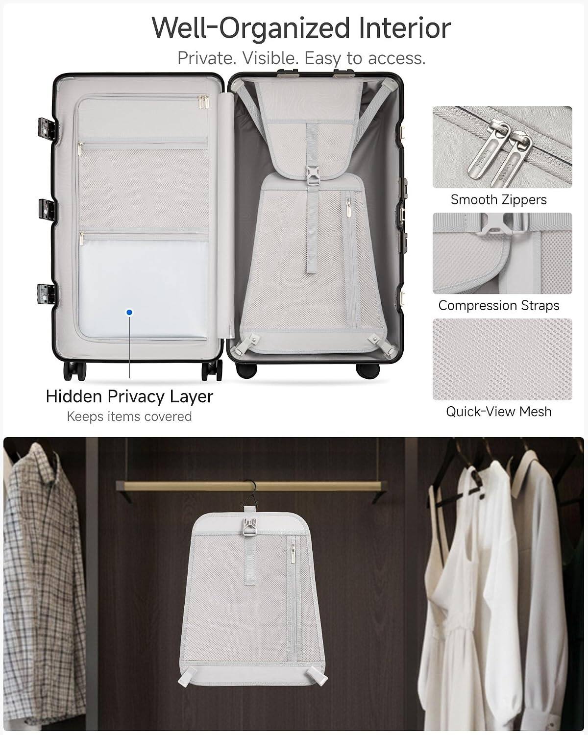 Well-Organized Interior  
Private. Visible. Easy to access.  

Smooth Zippers  
Compression Straps  
Hidden Privacy Layer Keeps items covered  
Quick-View Mesh