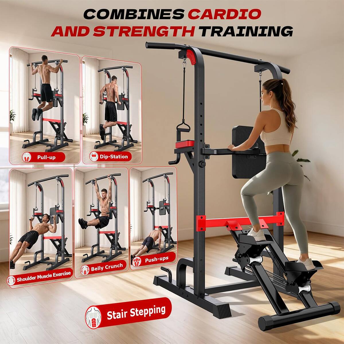 COMBINES CARDIO AND STRENGTH TRAINING

- Pull-up
- Dip-Station
- Shoulder Muscle Exercise
- Belly Crunch
- Push-ups
- Stair Stepping