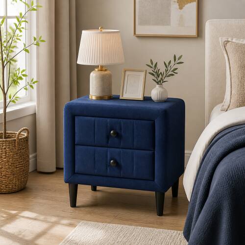 Angle. LUCKY ONE - 20" Assembled Velvet Nightstand 2-Drawer Navy Blue Tapered Legs - Navy Blue.