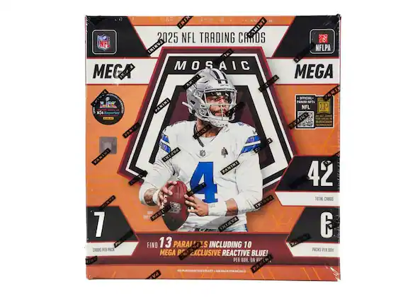 2025 NFL Trading Cards
Mosaic Mega
Panini
13 Parallels Including 10 Mega Base Exclusive Reactive Blue!
42 Total Cards
6 Packs Per Box
No Purchase Necessary - See Pack for Details
Official Panini NFTs NFL
Blockchain Technology