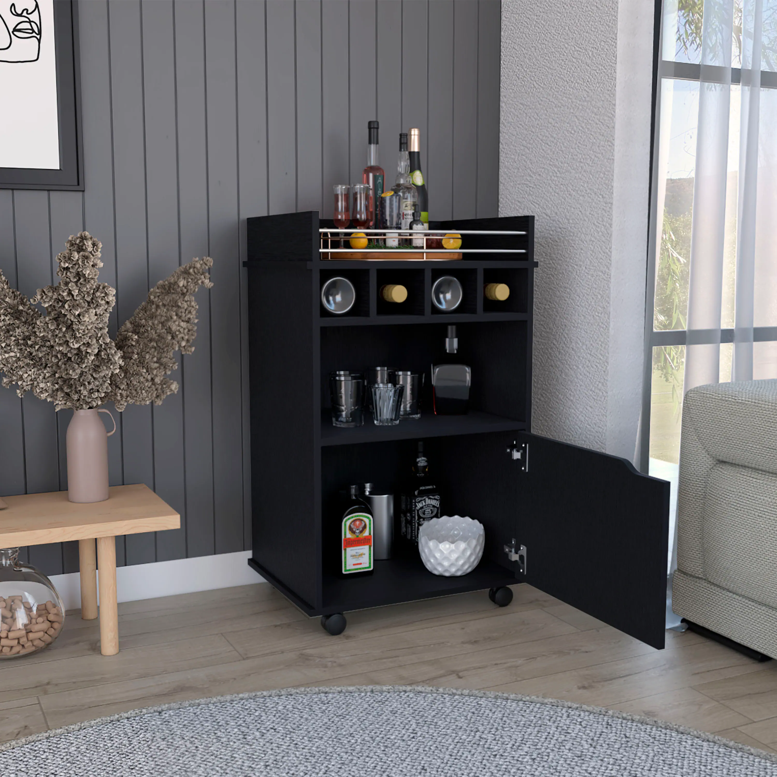 Back. TuHome - Phoenix Bar Cart with 2 Open Shelves, 4 Wine Cubbies, One Cabinet, Bar Room. - Black.