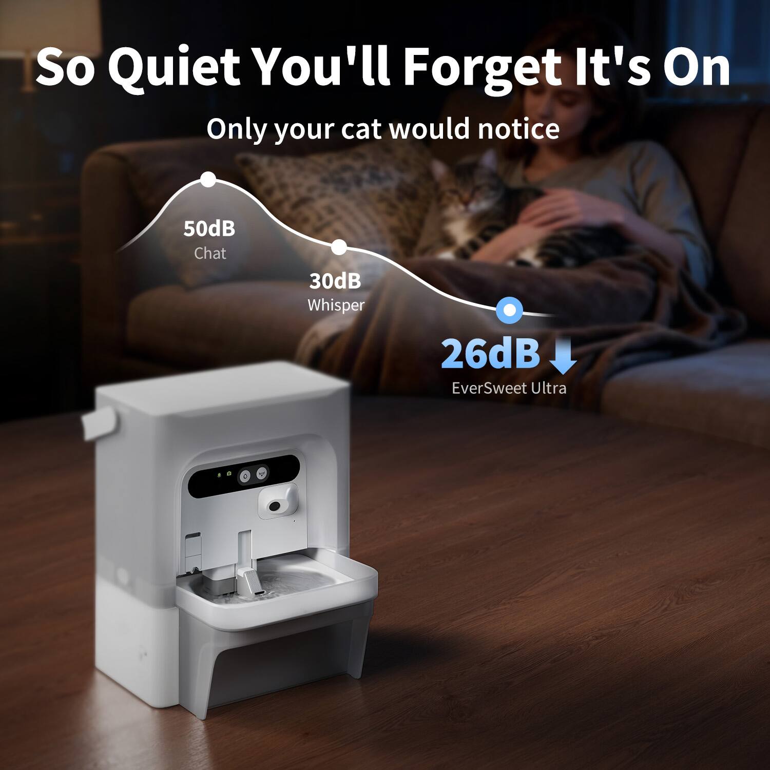So Quiet You'll Forget It's On  
Only your cat would notice  

50dB Chat  
30dB Whisper  
26dB EverSweet Ultra