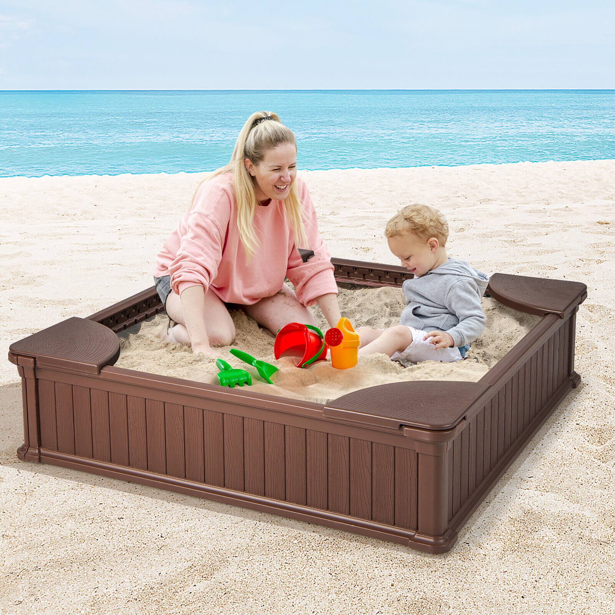 Alt View 2. Gymax - Gymax Kids Outdoor Sandbox 48.5'' x 48.5'' x 12.5'' Large HDPE Sandpit with Oxford Cover Brown - Brown.