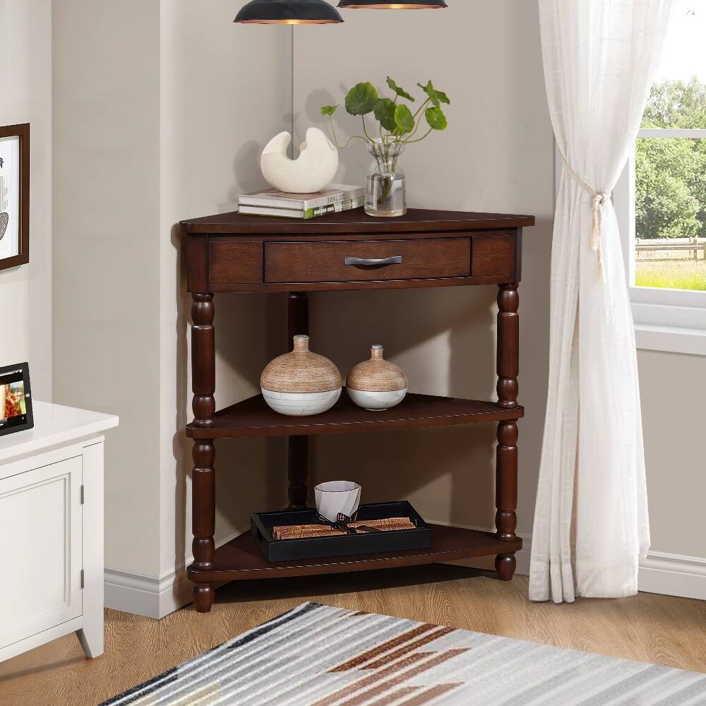 Loheer - 33.8 Inch Small Triangle Corner Table 3 Tier Wood Corner Side Table with Solid Wood Legs - Light Espresso