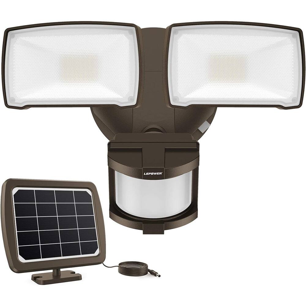 Front. MOSZAR LLC - 1000LM Solar Security Light, 2-Head Motion Sensor Floodlight, IP65 (Brown).
