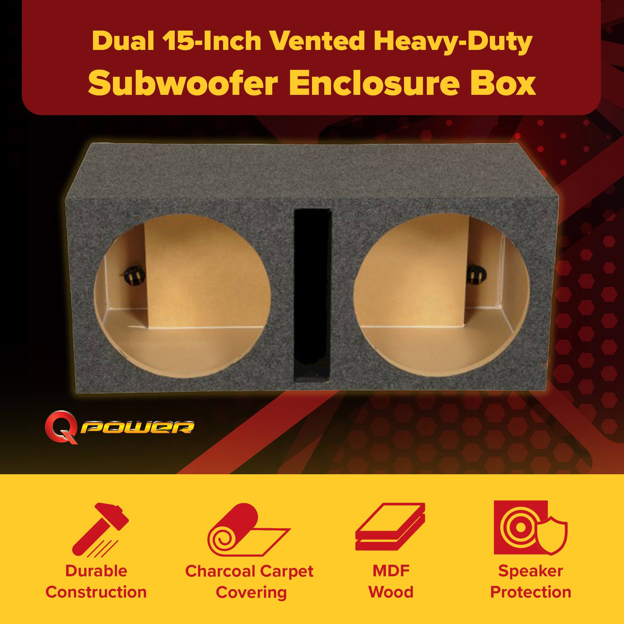 Dual 15-Inch Vented Heavy-Duty Subwoofer Enclosure Box

- Durable Construction
- Charcoal Carpet Covering
- MDF Wood
- Speaker Protection