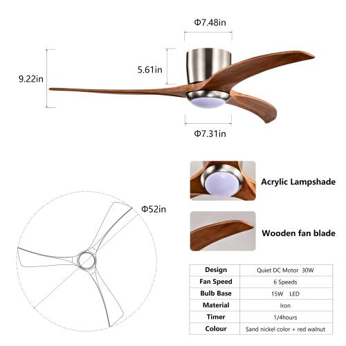7.48in 9.22in 5.61in 7.31in Acrylic Lampshade 52in Wooden fan blade Design Fan Speed Bulb Base Quiet DC Motor 30W 6 Speeds 1SW LED Material Timer Colour Iron 1/4hours Sand nickel color + red walnut