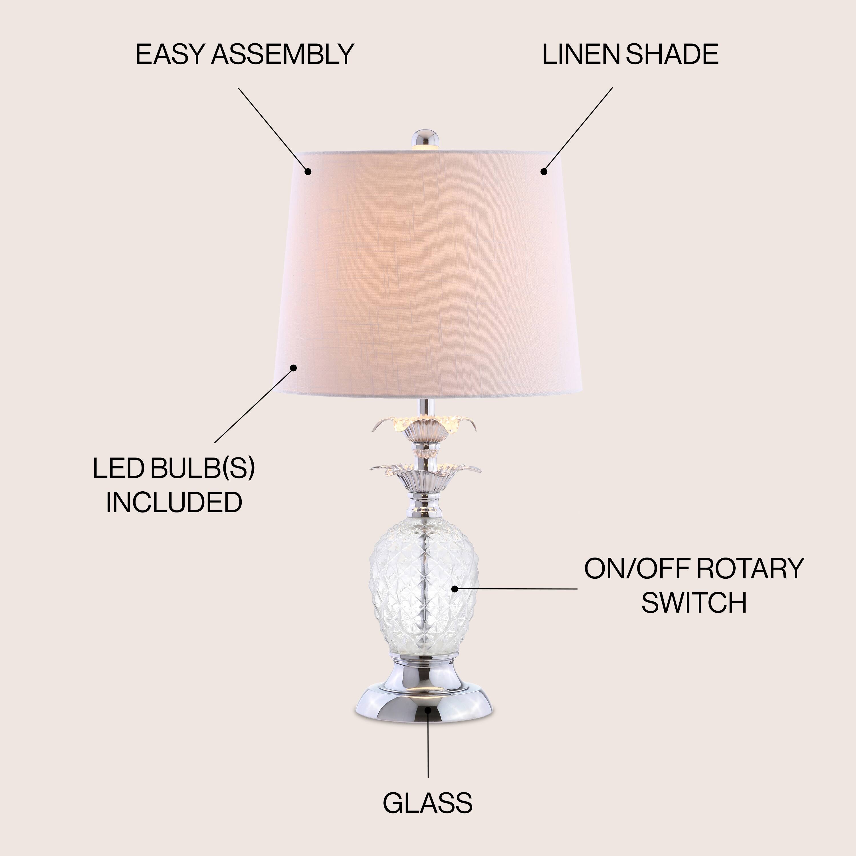 - EASY ASSEMBLY
- LINEN SHADE
- LED BULB(S) INCLUDED
- ON/OFF ROTARY SWITCH
- GLASS