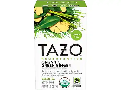 TAZO
REGENERATIVE
ORGANIC GREEN GINGER
FLAVOR WITH OTHER NATURAL FLAVOR
Take it up a notch with a bright green tea blend with a kick of ginger & a sweet note of pear.
GREEN TEA
16 TEA BAGS
USDA ORGANIC
NET WT 1.23 OZ (35g)