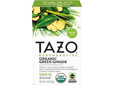 TAZO  
REGENERATIVE  
ORGANIC GREEN GINGER  
FLAVOR WITH OTHER NATURAL FLAVOR  

Take it up a notch with a bright green tea blend with a kick of ginger & a sweet note of pear.  

GREEN TEA  
16 TEA BAGS  

USDA ORGANIC  
NET WT 1.23 OZ (35g)