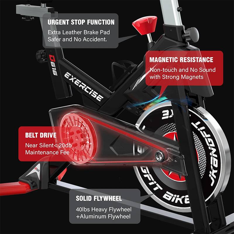 URGENT STOP FUNCTION  
Extra Leather Brake Pad  
Safer and No Accident.  

MAGNETIC RESISTANCE  
Non-touch and No Sound with Strong Magnets  

BELT DRIVE  
Near Silent < 20db  
Maintenance Fee  

SOLID FLYWHEEL  
40lbs Heavy Flywheel + Aluminum Flywheel