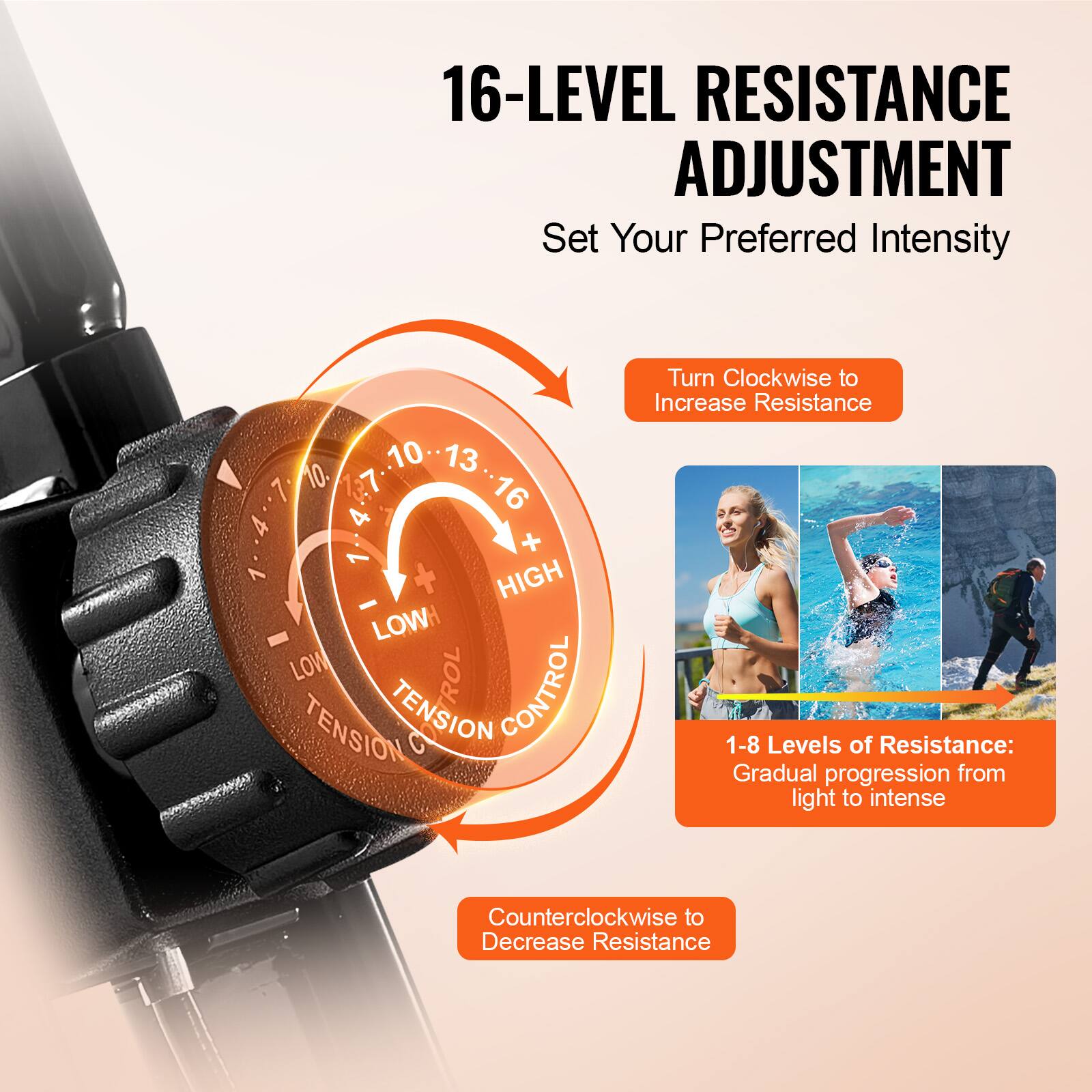 16-LEVEL RESISTANCE ADJUSTMENT  
Set Your Preferred Intensity  

Turn Clockwise to Increase Resistance  

1-8 Levels of Resistance:  
Gradual progression from light to intense  

Counter-clockwise to Decrease Resistance  

LOW  
TENSION CONTROL  
HIGH
