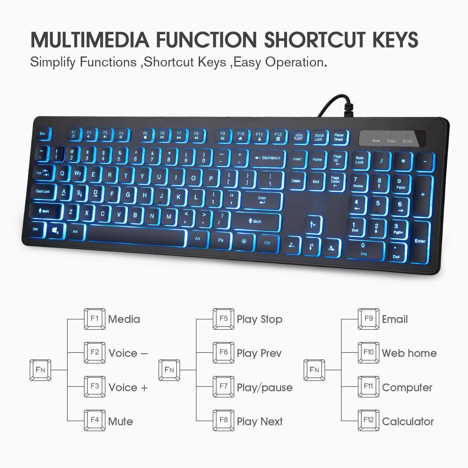 MULTIMEDIA FUNCTION SHORTCUT KEYS  
Simplify Functions, Shortcut Keys, Easy Operation.

- F1: Media
- F2: Voice -
- F3: Voice +
- F4: Mute
- F5: Play Stop
- F6: Play Prev
- F7: Play/pause
- F8: Play Next
- F9: Email
- F10: Web home
- F11: Computer
- F12: Calculator