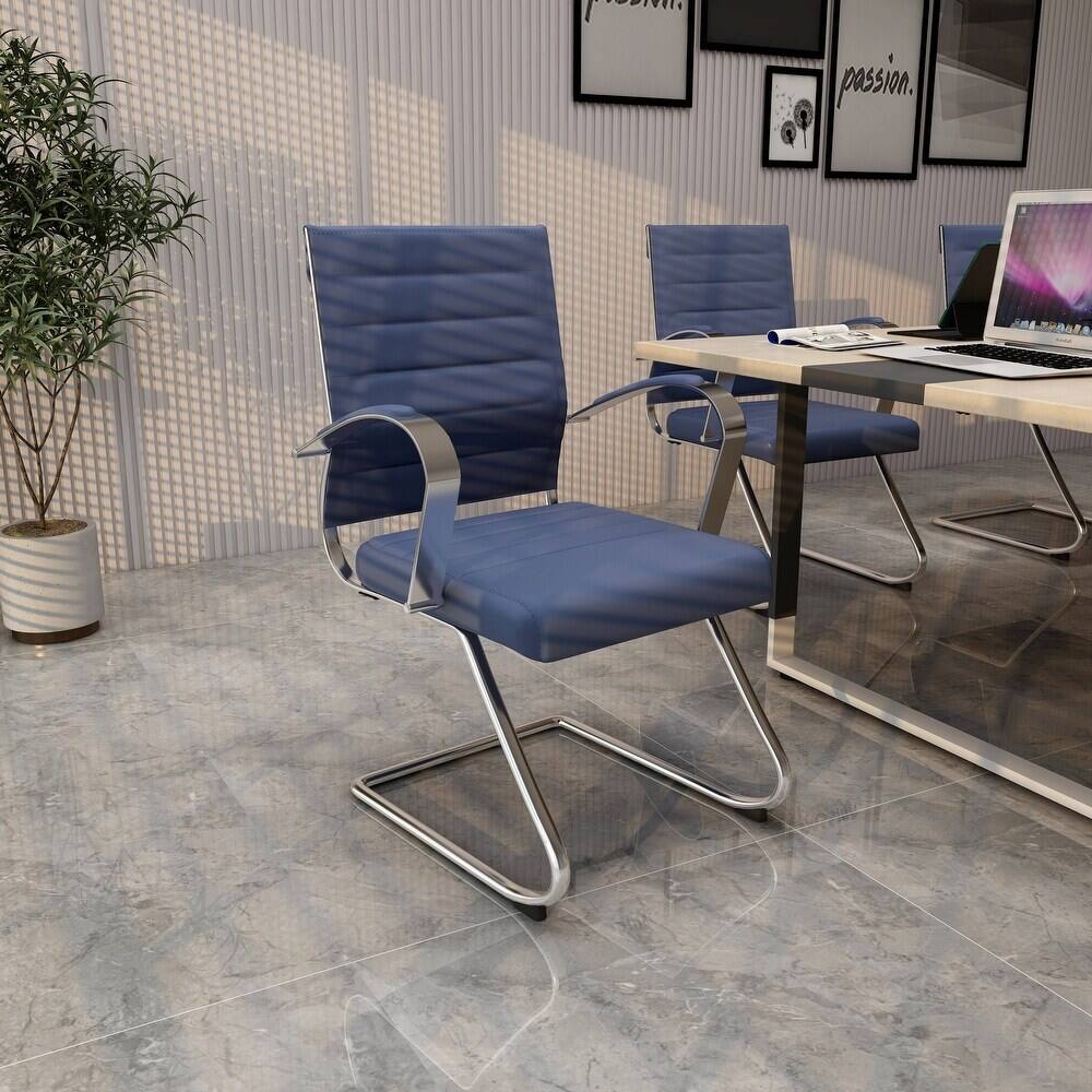 Left. LeisureMod - Set of 4 Benmar Modern Leather Upholstered Office Desk Chair with Padded Armrests and Chrome Frame for Home or Office - Navy Blue.