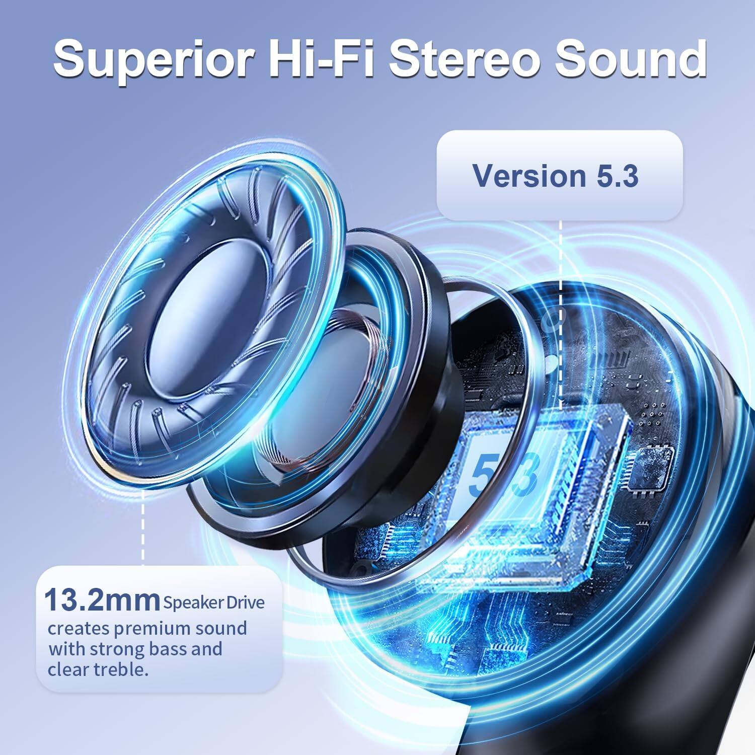 Superior Hi-Fi Stereo Sound  
Version 5.3  

13.2mm Speaker Drive creates premium sound with strong bass and clear treble.