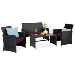 Best Choice Products - 4-Piece Outdoor Wicker Patio Conversation Furniture Set w/ Table, Cushions - Black/Deep Burgundy