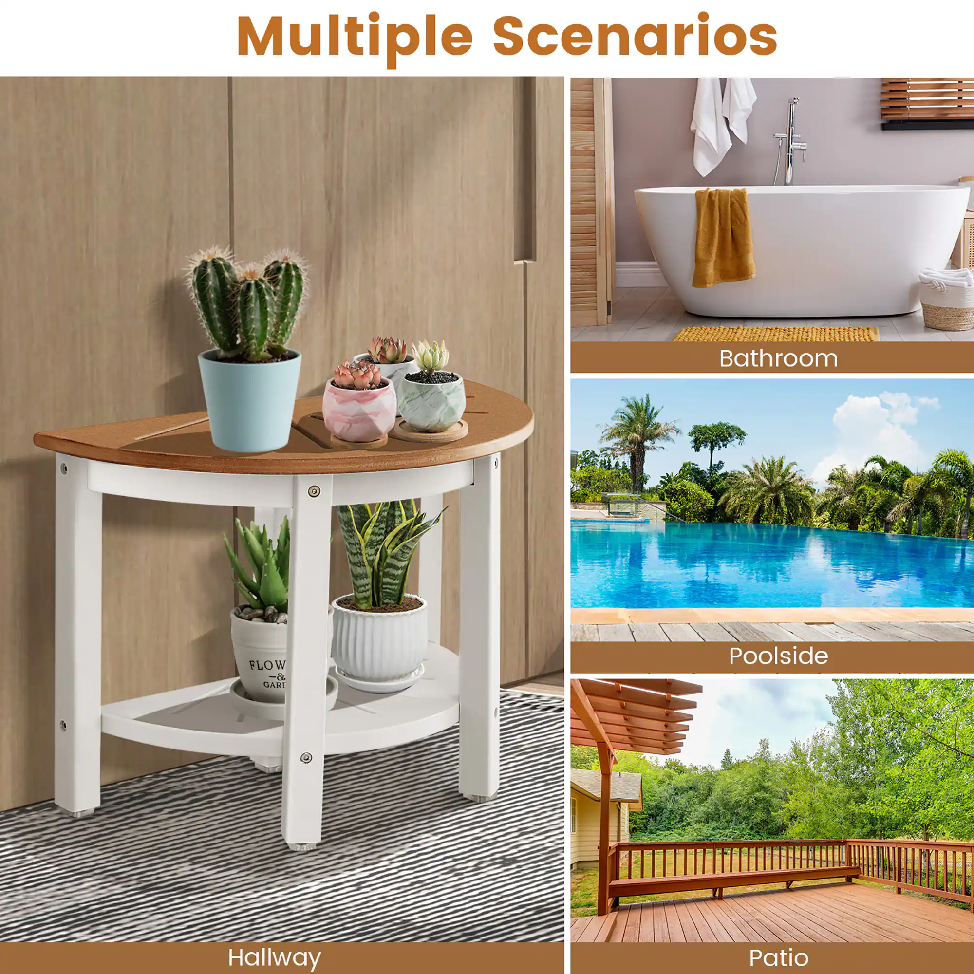 Multiple Scenarios:

1. Bathroom: A bathroom with a sink, bathtub, and a table with potted plants on it.
2. Hallway: A hallway with a table and potted plants.
3. Patio: A patio with a table and potted plants.
4. Poolside: A poolside with a table and potted plants.

These are the four different scenarios showcased in the image.