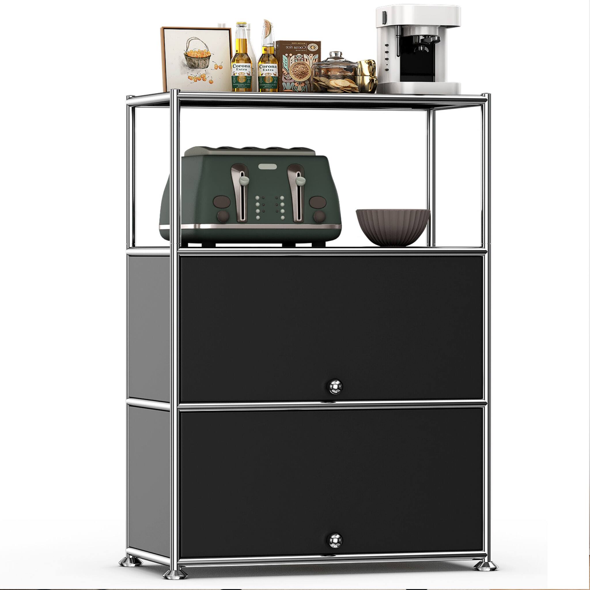 Alt View 5. Malletson - 3-Tier Metal Sideboard Buffet Storage Cabinet Modern Grid-Style, for Dining Room, Living Room or Office - Black.