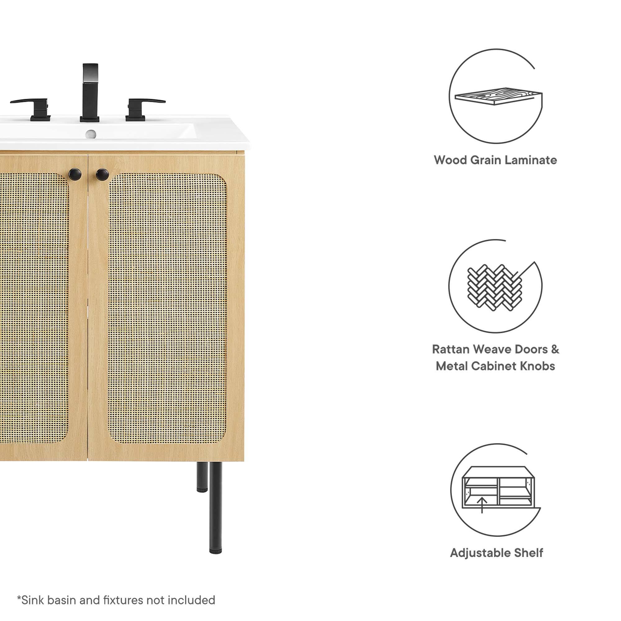 Wood Grain Laminate Rattan Weave Doors & Metal Cabinet Knobs Adjustable Shelf  
*Sink basin and fixtures not included