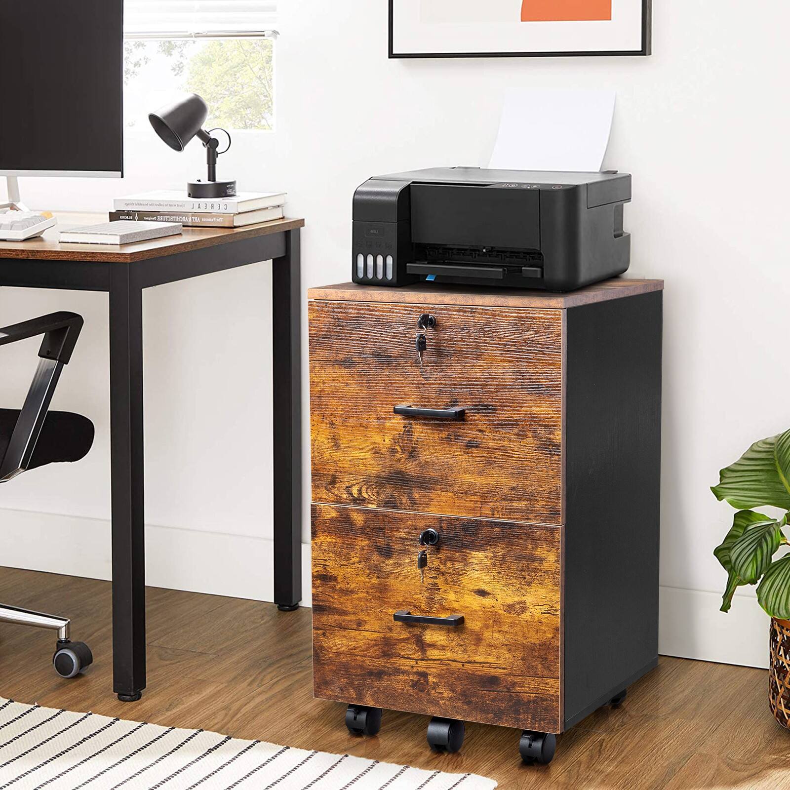 Alt View 6. Winado - 2-Drawer Small Rolling File Cabinet with Lock fits Letter/Legal/A4 Size Office - Rustic Brown & Black.