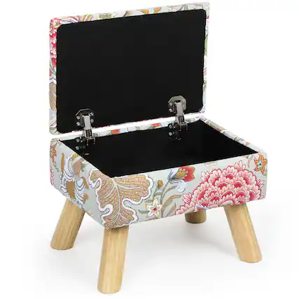 Front. Oumilen - Square Floral Fabric Storage Ottoman Foot Stool with Wooden Legs - Flower.