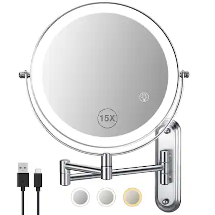 Front. Live At Space - Wall Mounted Makeup Mirror - 1X/15X Magnifying with Extended Arm 360 Swivel Vanity 8.5in Double Sided for Bathroom No - Chrome-light-15X.