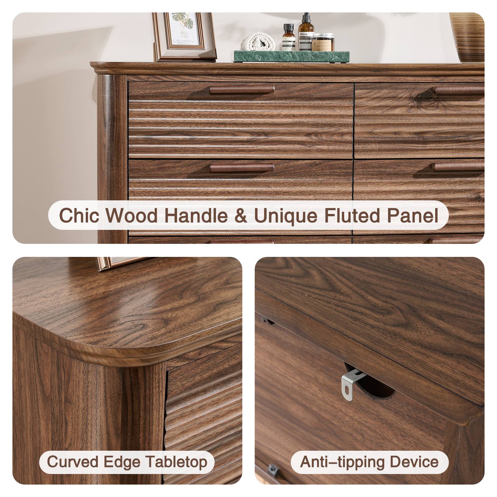 Chic Wood Handle & Unique Fluted Panel  
Curved Edge Tabletop  
Anti-tipping Device