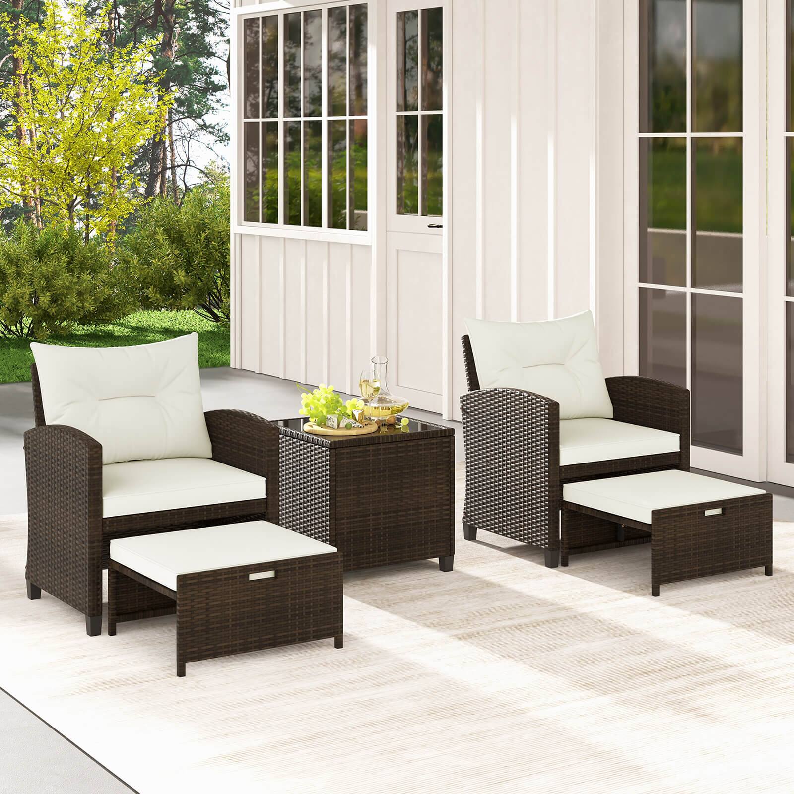 Alt View 3. Costway - 5 Piece Patio Rattan Furniture with 2 Ottomans & Tempered Glass Coffee Table - Off White + Mix Brown.