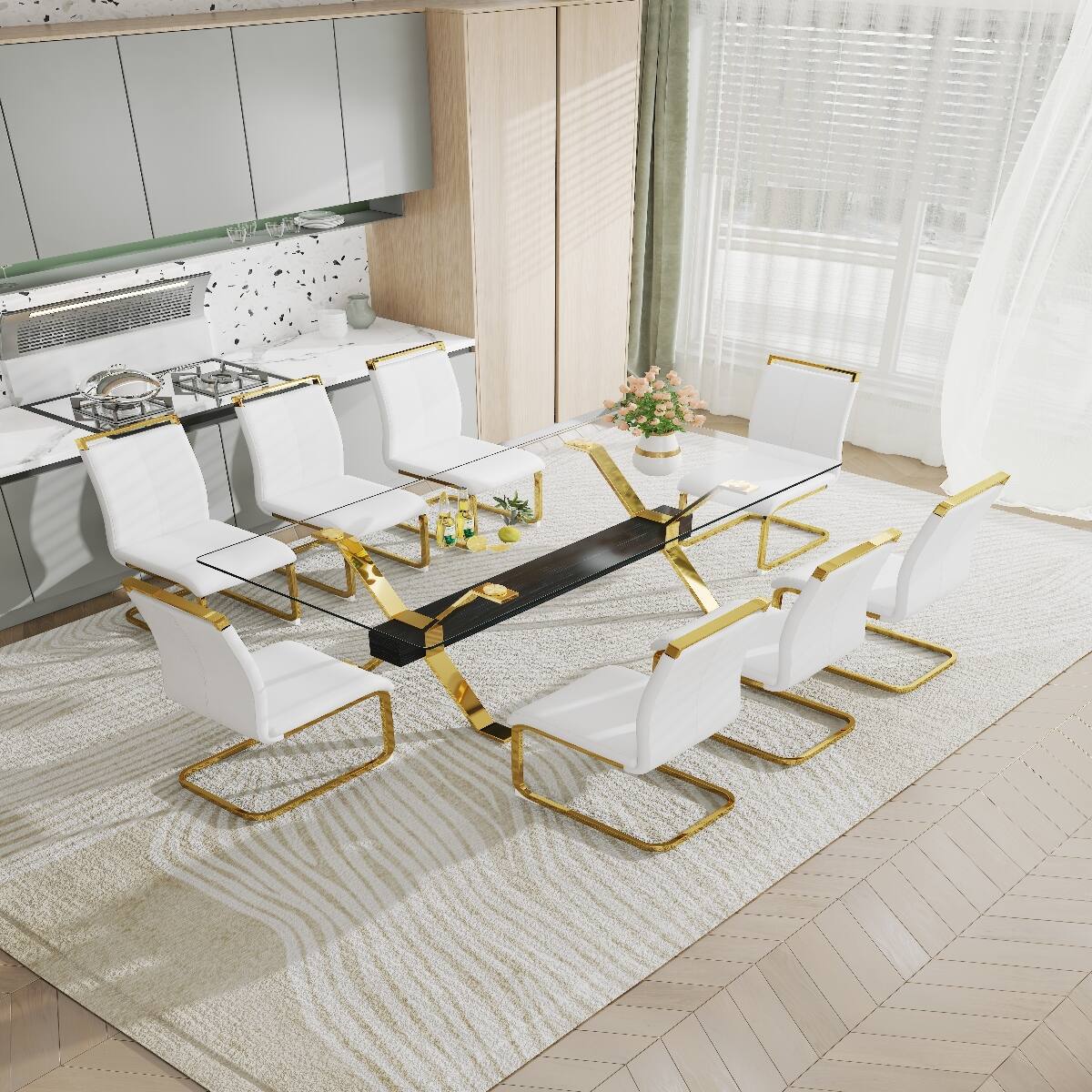 Loheer 8 Seat Dining Table Set, Tempered Glass Rectangular Dining Table ...