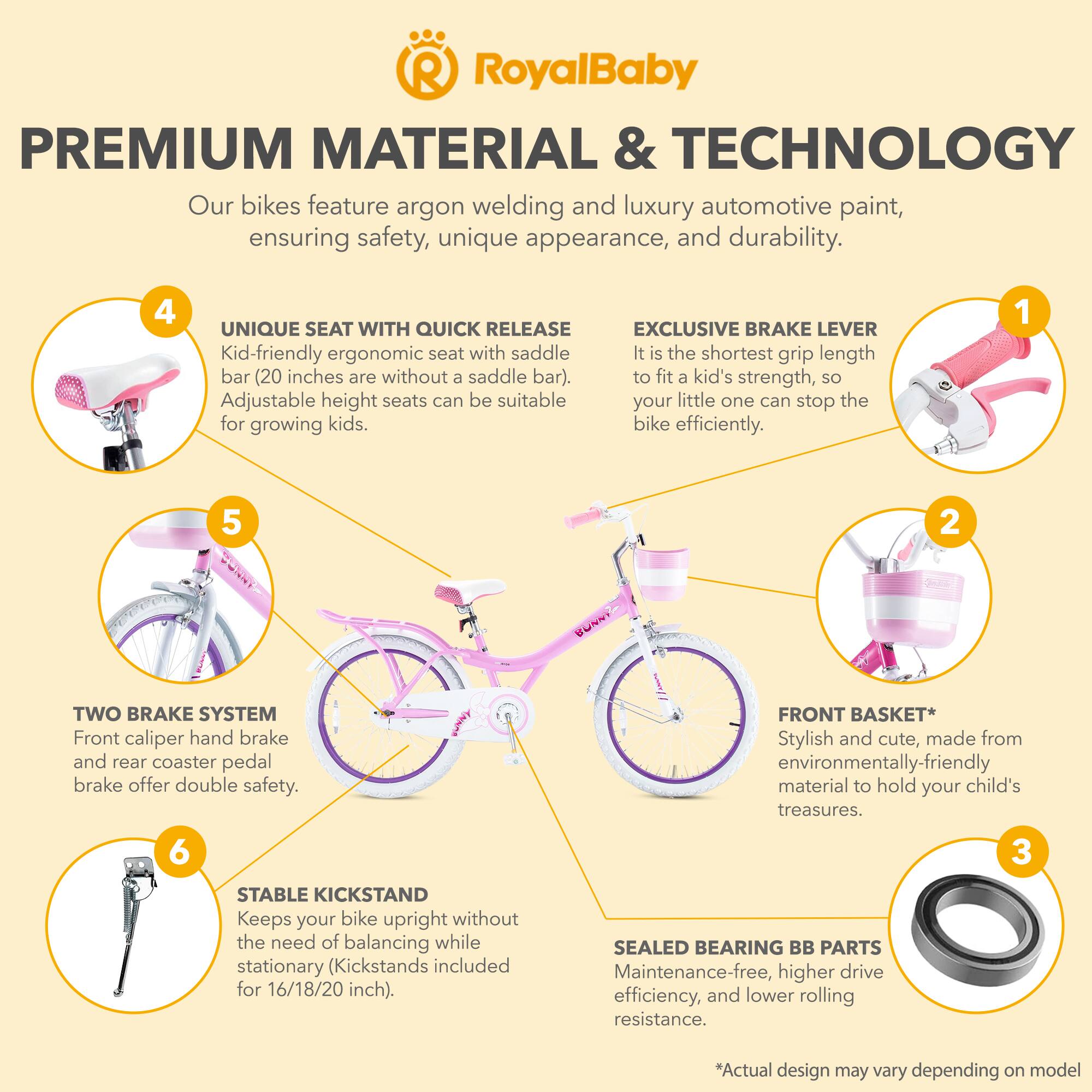 **RoyalBaby**

**PREMIUM MATERIAL & TECHNOLOGY**

Our bikes feature argon welding and luxury automotive paint, ensuring safety, unique appearance, and durability.

**4 UNIQUE SEAT WITH QUICK RELEASE**
Kid-friendly ergonomic seat with saddle bar (20 inches are without a saddle bar). Adjustable height seats can be suitable for growing kids.

**EXCLUSIVE BRAKE LEVER**
It is the shortest grip length to fit a kid's strength, so your little one can stop the bike efficiently.

**2 TWO BRAKE SYSTEM**
Front caliper hand brake and rear coaster pedal brake offer double safety.

**FRONT BASKET**
Stylish and cute, made from environmentally-friendly material to hold your child's treasures.

**6 STABLE KICKSTAND**
Keeps your bike upright without the need of balancing while stationary (Kickstands included for 16/18/20 inch).

**3 SEALED BEARING BB PARTS**
Maintenance-free, higher drive efficiency, and lower rolling resistance.

*Actual design may vary depending on model