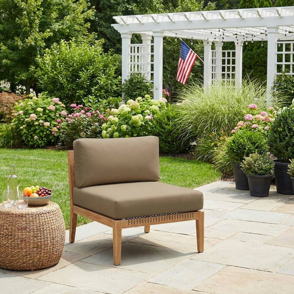 Left. Outdoor Escape - Teak Wood Outdoor Lounge Chair With Armless Design And Cushioned Seat - Brown.