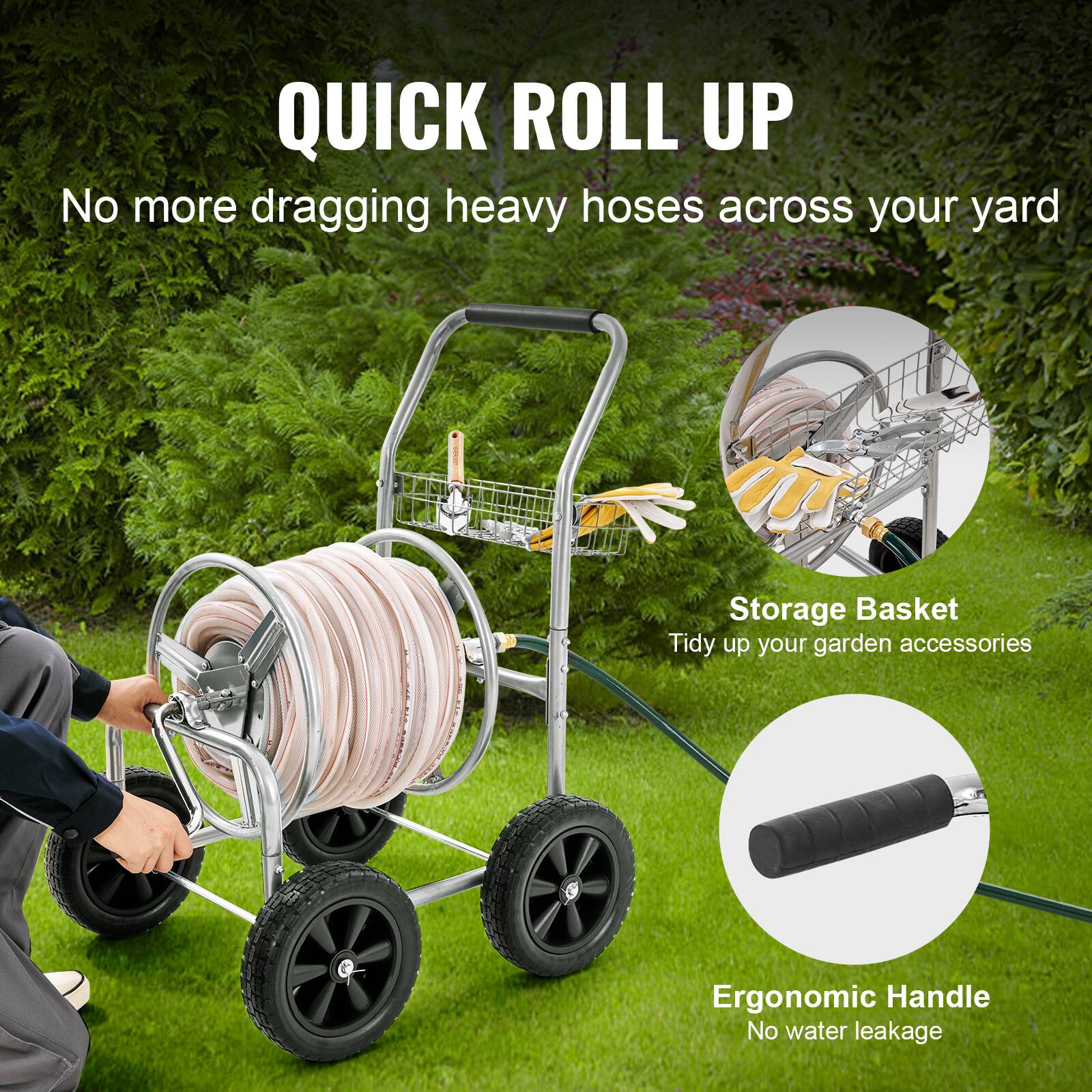 QUICK ROLL UP
No more dragging heavy hoses across your yard
Storage Basket
Tidy up your garden accessories
Ergonomic Handle
No water leakage