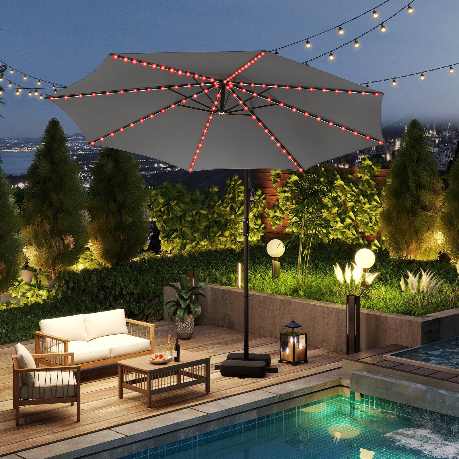 Alt View 3. Costway - Costway 10 FT Solar Offset Hanging Umbrella with 96 Solar Multi-colored Flowing LED Lights - Gray.