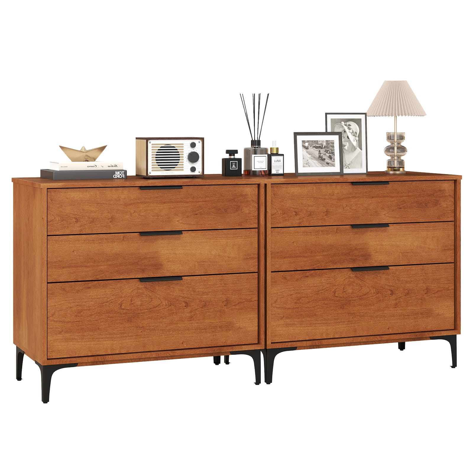 Gymax - 2PCS 3-Drawer Dresser w/ Metal Support Legs & Anti-tipping Kit for Bedroom - Cherry