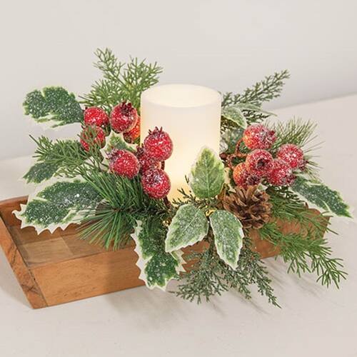Angle. BreeBe - Icy Winterberry Holly & Pine Candle Ring 4" - Multi.