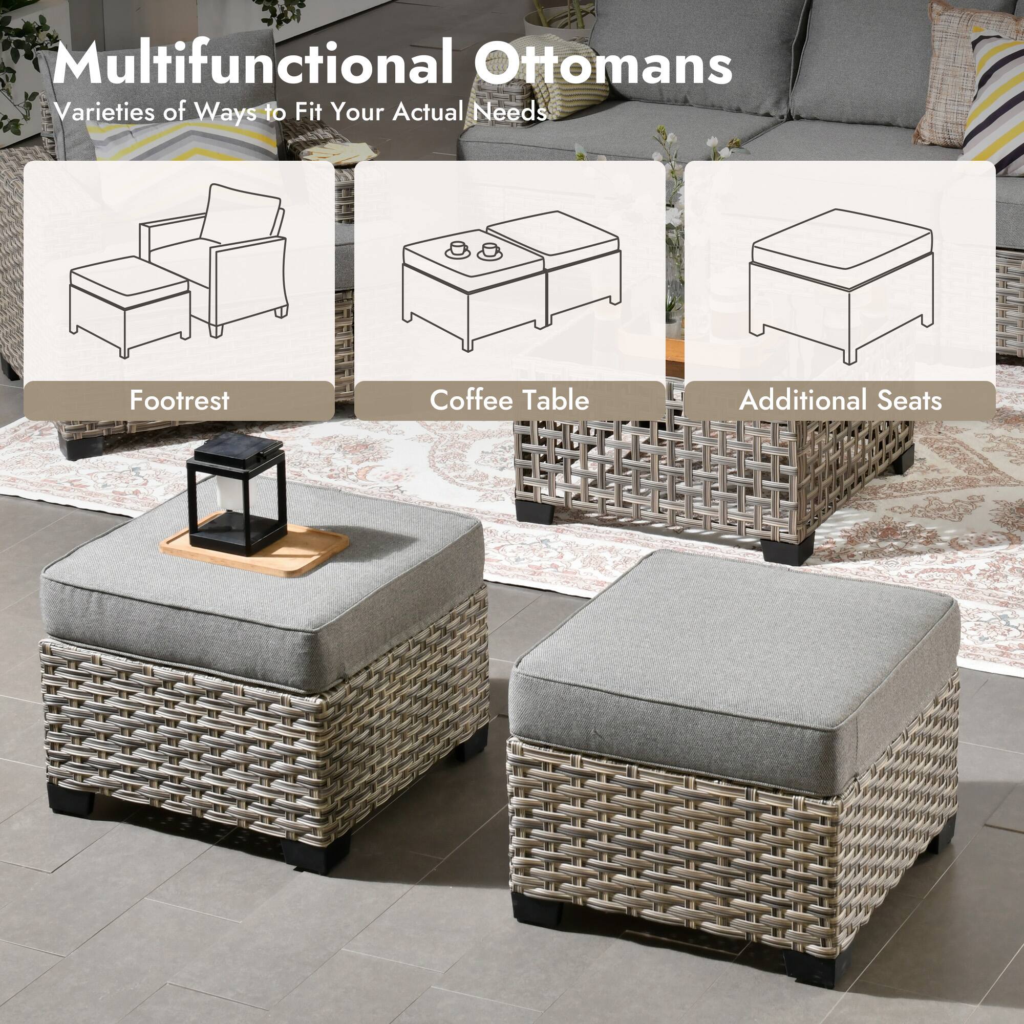 Multifunctional Ottomans  
Varieties of Ways to Fit Your Actual Needs  
Footrest  
Coffee Table  
Additional Seats