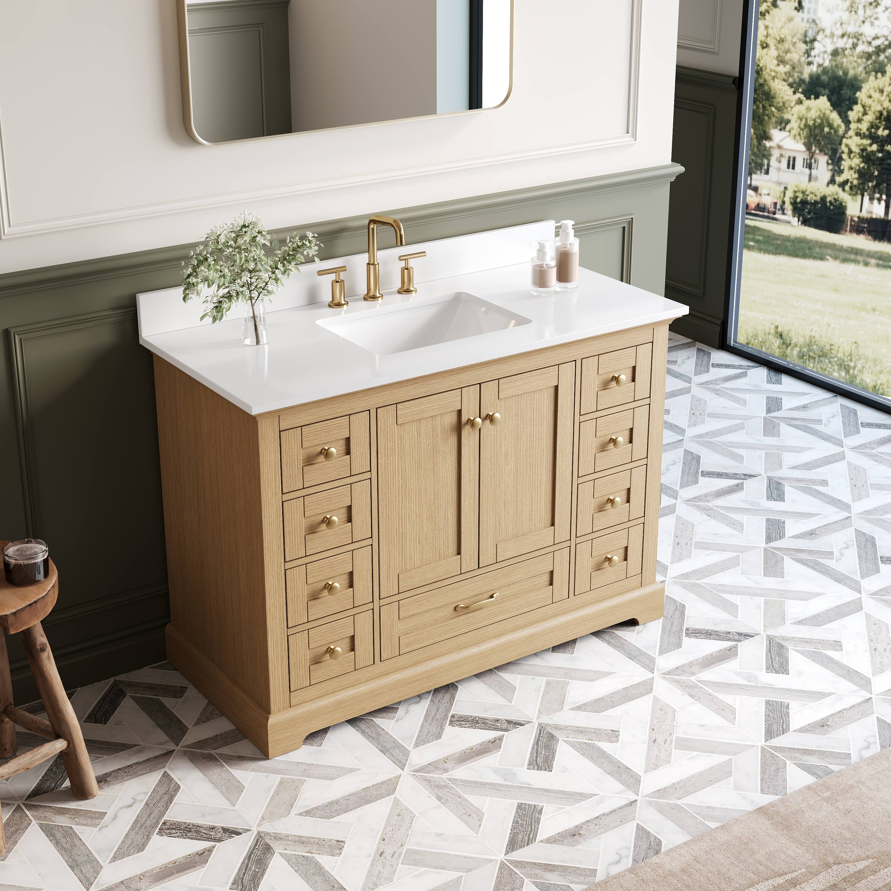 Angle. WELLFOR - LVD 48 in. Solid Wood Single Sink Freestanding Bath Vanity with Culutered Marble Top, Assembled - OAK.